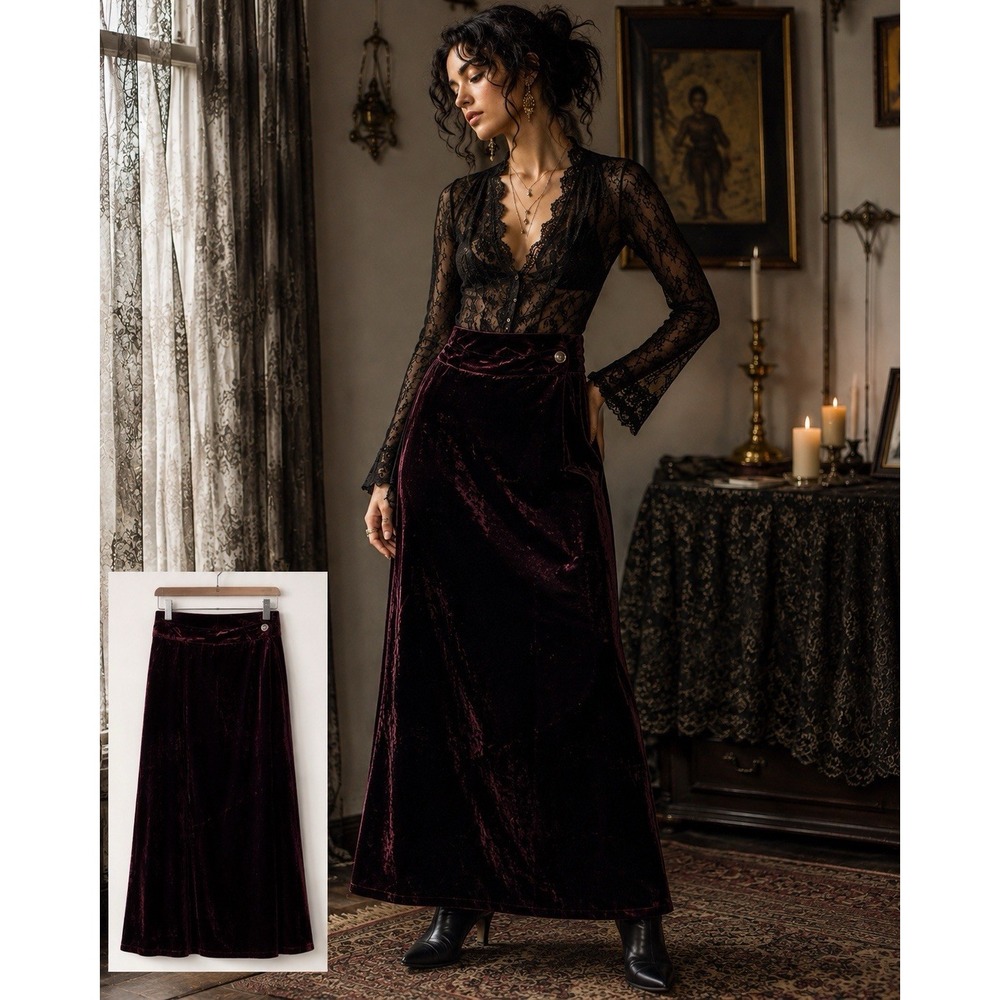 Vintage 90s Womens Burgundy Velvet Maxi Skirt Whimsigoth Romantic Goth Size 6